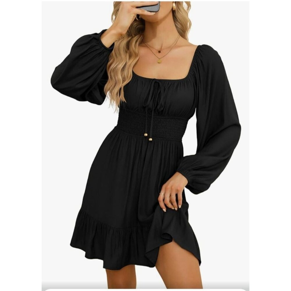 Dokotoo Womens Black Long Lantern Sleeve A-Line Mini Dress Square Neck Size L